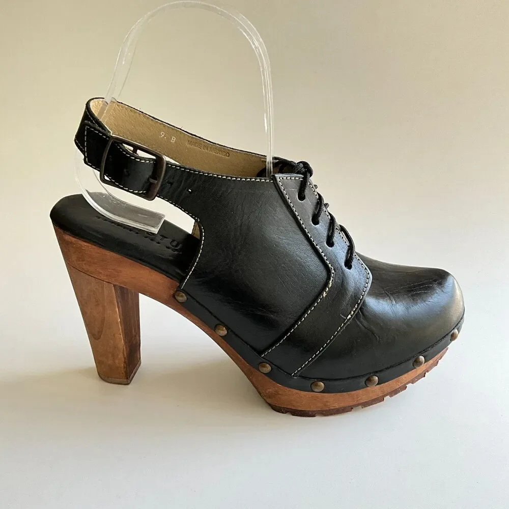 Bed Stu Cobbler Magnet Leather Oxford Slingback Wood Clogs 9